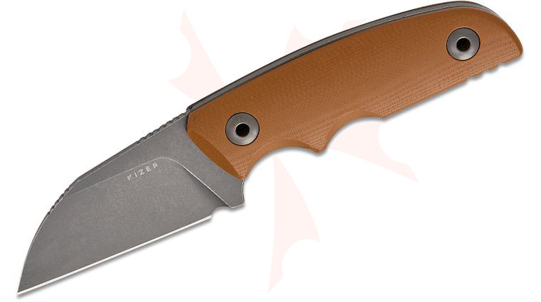 Kizer Cutlery Kornel Kiss Snick Fixed Blade Knife 2.68 inch AEB-L Gray Stonewashed Sheepsfoot Blade, Brown G10 Handles, Kydex Sheath