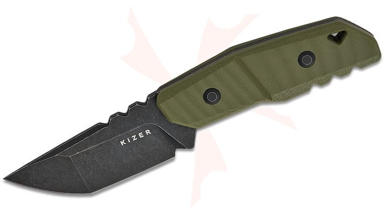Kizer Cutlery Kornel Kiss Quartz Fixed Blade Knife 3.1 inch AEB-L Black Stonewashed Tanto Blade, Olive Green G10 Handles, Kydex Sheath