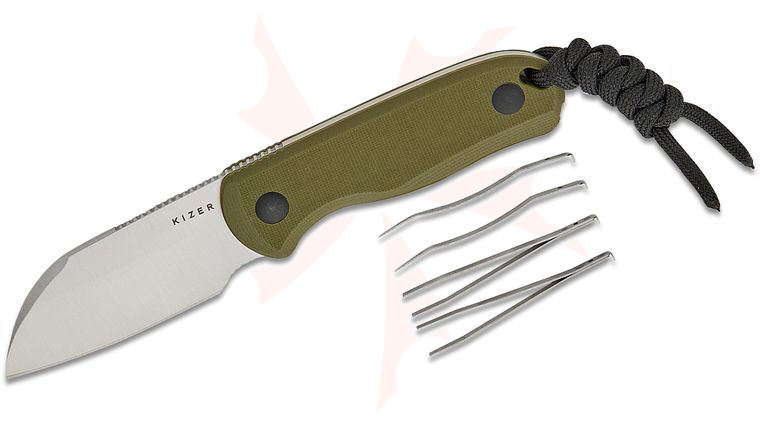 Kizer Cutlery 1093A1 Azo Drop Bear Fixed Blade Knife 2.56 inch AEB-L Satin Sheepsfoot Blade, Olive Green G10 Handles with Toothpick and Tweezers, Kydex Sheath