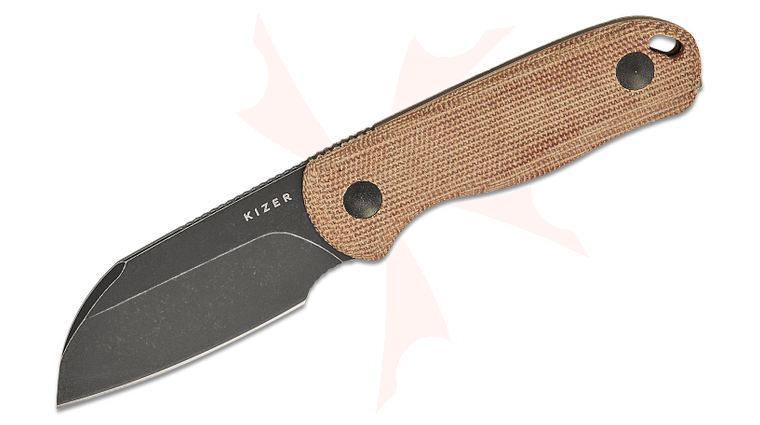 Kizer Cutlery 1093A2 Azo Drop Bear Fixed Blade Knife 2.56 inch AEB-L Black Stonewashed Sheepsfoot Blade, Brown Norplex UltreX Micarta Handles with Toothpick and Tweezers, Kydex Sheath