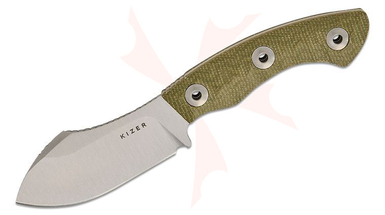 Kizer Cutlery Vincent Rizzo Rook Fixed Blade Knife 3.1 inch AEB-L Satin Nessmuk Blade, Green Micarta Handles, Kydex Sheath