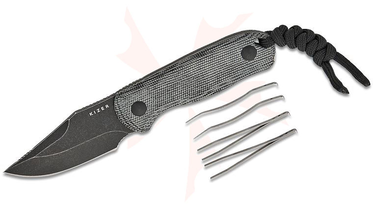 Kizer Cutlery 1092A1 Azo Drop Bear Fixed Blade Knife 2.6 inch AEB-L Black Stonewashed Clip Point Blade, Black Canvas Micarta Handles with Toothpick and Tweezers, Kydex Sheath