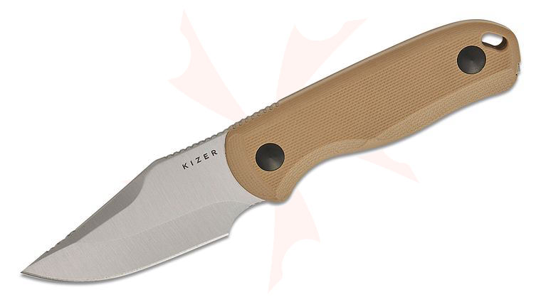 Kizer Cutlery 1092A2 Azo Drop Bear Fixed Blade Knife 2.6 inch AEB-L Satin Clip Point Blade, Tan G10 Handles with Toothpick and Tweezers, Kydex Sheath