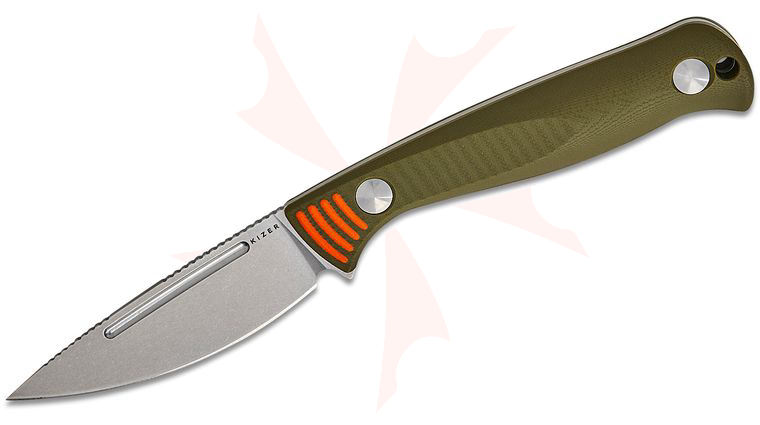 Kizer Cutlery 1097A1 Azo Evenki 1 Fixed Blade Knife 2.98 inch AEB-L Stonewashed Drop Point Blade, Orange and Green G10 Handles, Kydex Sheath with Sharpener