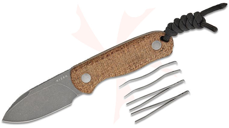 Kizer Cutlery 1094A1 Azo Drop Bear Fixed Blade Knife 2.6 inch 14C28N Black Stonewashed Drop Point Blade, Brown Burlap Micarta Handles with Toothpick and Tweezers, Kydex Sheath