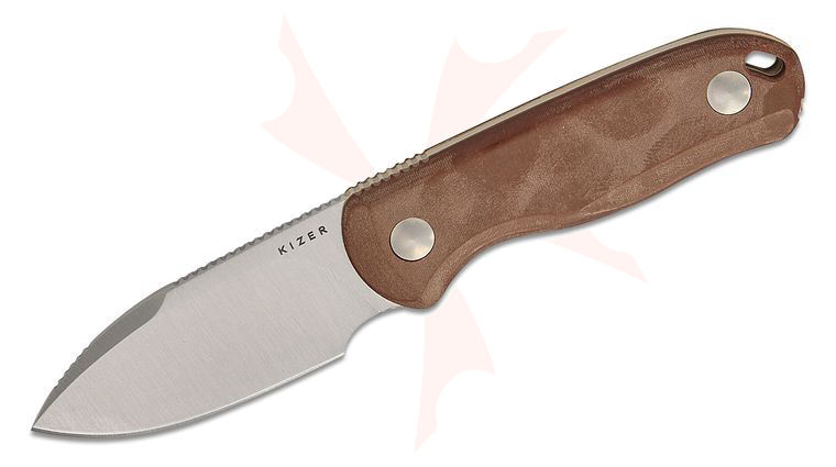 Kizer Cutlery 1094A2 Azo Drop Bear Fixed Blade Knife 2.6 inch 14C28N Satin Drop Point Blade, Brown Norplex UltreX Micarta Handles with Toothpick and Tweezers, Kydex Sheath