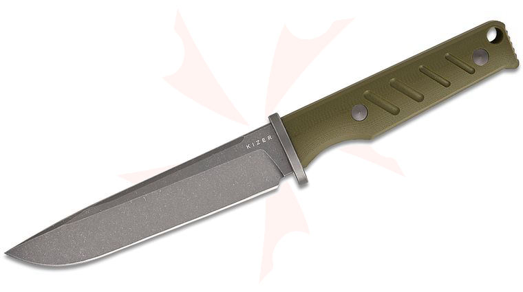 Kizer Cutlery Jonathan Styles Camp 180 Fixed Blade Knife 5.55 inch AEB-L Gray Stonewashed Drop Point Blade, Olive Green G10 Handles, Kydex Sheath