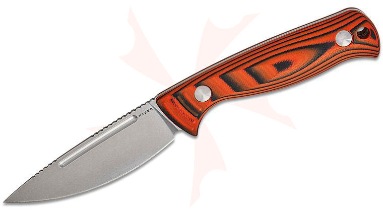 Kizer Cutlery 1098A1 Azo Evenki 2 Fixed Blade Knife 3.49 inch AEB-L Stonewashed Drop Point Blade, Black and Orange G10 Handles, Kydex Sheath with Sharpener