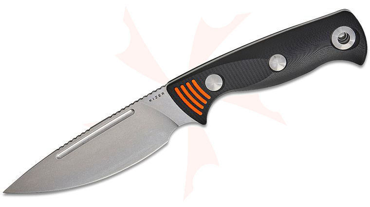 Kizer Cutlery 1099A1 Azo Evenki 3 Fixed Blade Knife 4.48 inch AEB-L Stonewashed Drop Point Blade, Black and Orange G10 Handles, Kydex Sheath with Sharpener