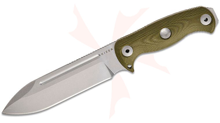 Kizer Cutlery Azo Drop Bear Fix 7 Fixed Blade Knife 6.51 inch AEB-L Stonewashed Drop Point Blade, Green Micarta Handles, Kydex Sheath