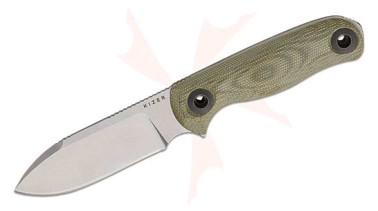 Kizer Cutlery Azo Drop Bear Fix 3 Fixed Blade Knife 3.8 inch 14C28N Stonewashed Drop Point Blade, Green Micarta Handles, Kydex Sheath