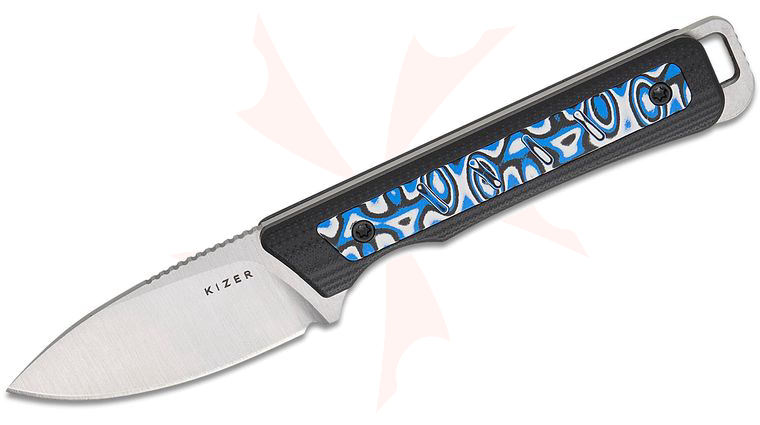 Kizer Cutlery Jonathan Styles Whiskey Jack Fixed Blade Knife 2.06 inch AEB-L Satin Drop Point Blade, Black G10 Handles with Blue Vortex Pattern Micarta Inlays, Kydex Sheath