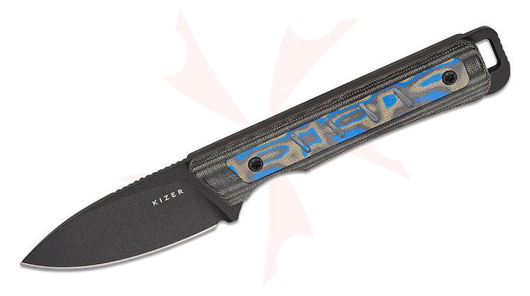 Kizer Cutlery Jonathan Styles Whiskey Jack Fixed Blade Knife 2.06 inch CPM-10V Black Drop Point Blade, Black Norplex UltreX Micarta Handles with Blue Vortex Micarta Inlays, Kydex Sheath