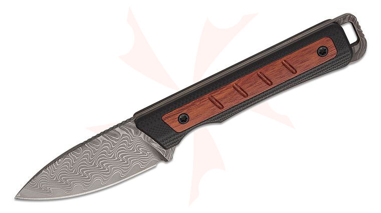 Kizer Cutlery Jonathan Styles Whiskey Jack Fixed Blade Knife 2.06 inch Damascus Drop Point Blade, Black G10 Handles with Mkuruti Wood Inlays, Kydex Sheath
