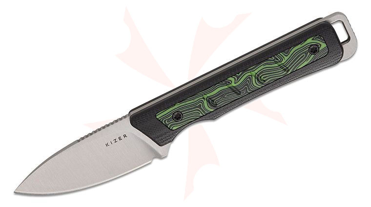 Kizer Cutlery Jonathan Styles Whiskey Jack Fixed Blade Knife 2.06 inch AEB-L Satin Drop Point Blade, Black G10 Handles with Green Damascus G10 Inlays, Kydex Sheath