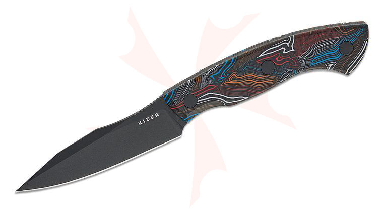 Kizer Cutlery Boris Bairov Hissbite Fixed Blade Knife 3.9 inch CPM-3V Black Coated Drop Point Blade, Colorful Damascus Pattern G10 Handles, Kydex Sheath
