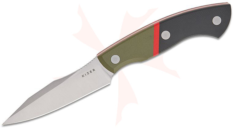 Kizer Cutlery Boris Bairov Hissbite Fixed Blade Knife 3.9 inch AEB-L Satin Drop Point Blade, Olive Green, Red, and Black G10 Handles, Kydex Sheath