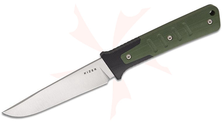Kizer Cutlery Jonathan Styles Area Eight Fixed Blade Knife 4.23 inch AEB-L Satin Modified Drop Point Blade, Green and Black G10 Handles, Kydex Sheath