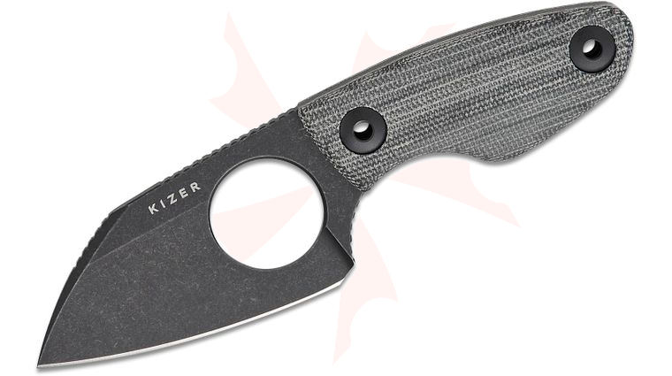 Kizer Cutlery Vincent Rizzo Nightjar Fixed Blade Knife 2.94 inch AUS-10 Black PVD Stonewashed Sheepsfoot Blade with Finger Hole, Black Norplex UltreX Micarta Handles, Kydex Sheath
