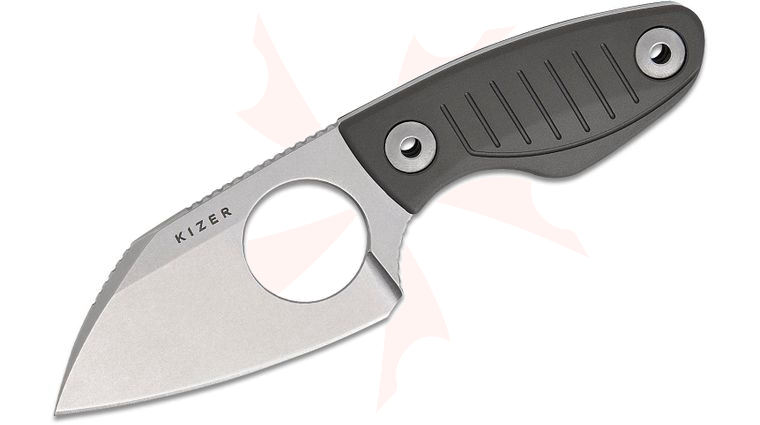 Kizer Cutlery Vincent Rizzo Nightjar Fixed Blade Knife 2.94 inch AUS-10 Stonewashed Sheepsfoot Blade with Finger Hole, Gray Machined Aluminum Handles, Kydex Sheath