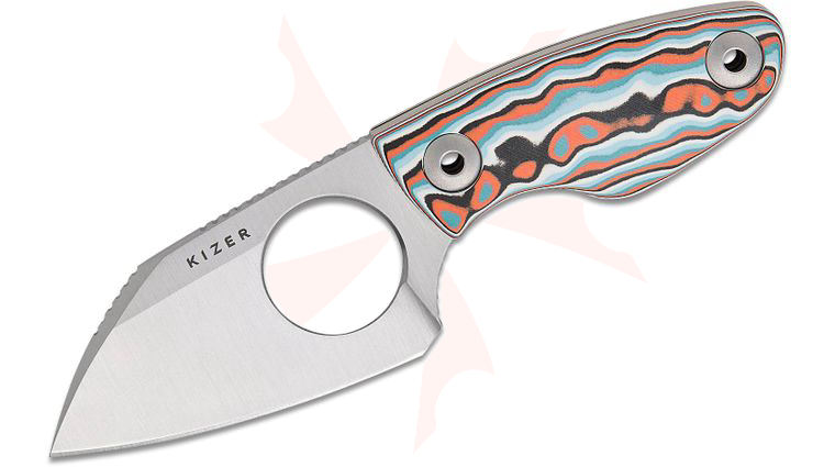 Kizer Cutlery Vincent Rizzo Nightjar Fixed Blade Knife 2.94 inch AUS-10 Satin Sheepsfoot Blade with Finger Hole, Multi-Color Vortex Pattern Micarta Handles, Kydex Sheath