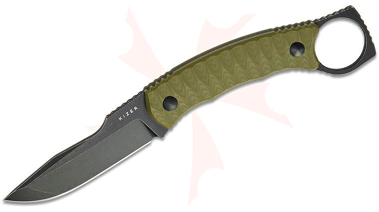 Kizer Cutlery Maksim Epifantsev BILLY BONES Fixed Blade Knife 3.54 inch AEB-L Black PVD Stonewashed Drop Point Blade, Olive Green G10 Handles, Kydex Sheath