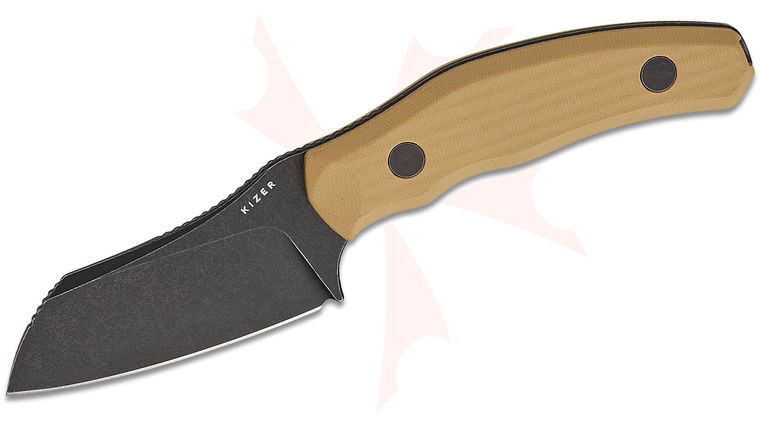Kizer Cutlery O. SHO Bulldog Fix Fixed Blade Knife 2.97 inch 14C28N Black Stonewashed Sheepsfoot Blade, Brown G10 Handles, Kydex Sheath