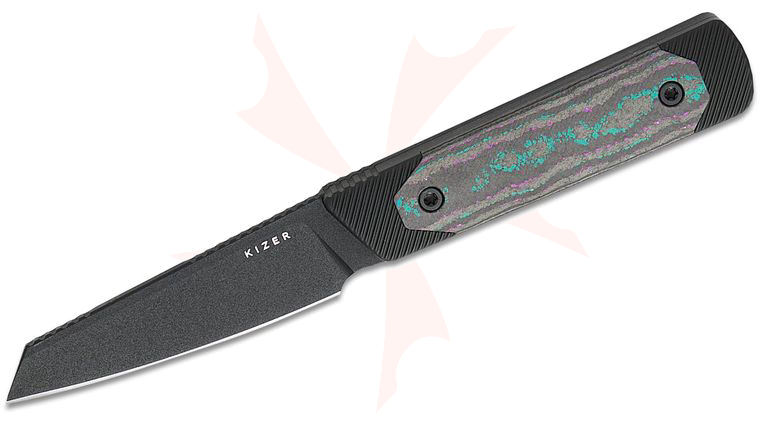 Kizer Cutlery Michael Herrick Hallow Pocket Fixed Blade Knife 2.94 inch CPM-10V Black Reverse Tanto Blade, Black Aluminum Handles with Jazzy CamoCarbon Inlays, Kydex Sheath with Dual Carry Options