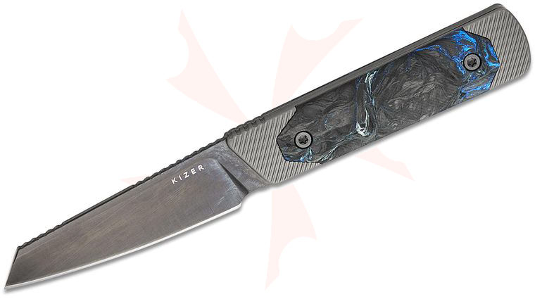 Kizer Cutlery Michael Herrick Hallow Pocket Fixed Blade Knife 2.94 inch CPM-10V Gunmetal Gray PVD Reverse Tanto Blade, Gray Aluminum Handles with Carbon Fiber Inlays, Kydex Sheath with Dual Carry Options