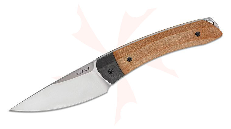 Kizer Cutlery Vladimir Legachev Momo Fix 3 Fixed Blade Knife 3.2 inch S35VN Satin Drop Point Blade, Brown Norplex UltreX Micarta Handles with Carbon Fiber Bolsters, Kydex Sheath