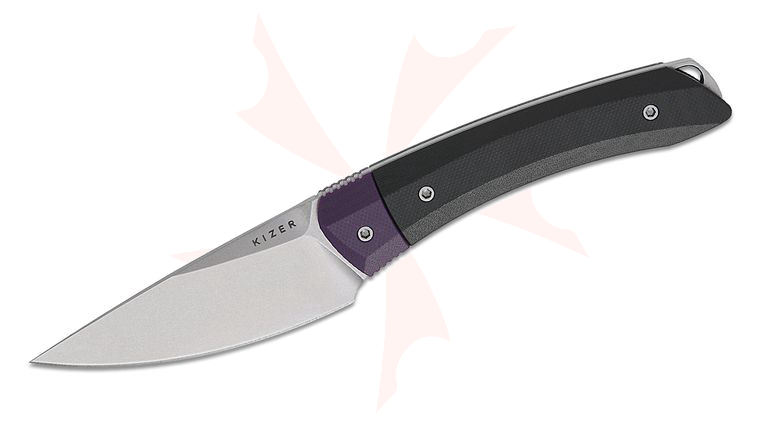 Kizer Cutlery Vladimir Legachev Momo Fix 3 Fixed Blade Knife 3.2 inch AEB-L Stonewashed Drop Point Blade, Black G10 Handles with Purple G10 Bolsters, Kydex Sheath