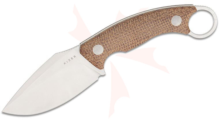 Kizer Cutlery Jonathan Styles Cabox II Fixed Blade Knife 3.59 inch AEB-L Satin Drop Point Blade, Burlap Micarta Handles with Pinky Ring, Kydex Sheath