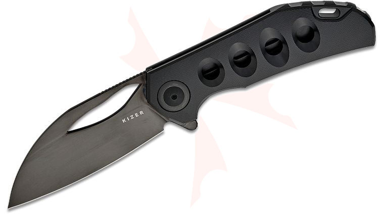 Kizer Cutlery Ki4683A1 Carlos Elstner Hawk Liner Lock Flipper Knife 3.41 inch M390 Polished Black DLC Sheepsfoot Blade, Black Hole Milled Titanium Handles