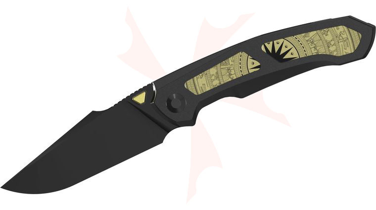 Kizer Cutlery Vu Huynh Nam Anh Feweed XL Frame Lock Front Flipper Knife 3.45 inch S90V Matte Black DLC Ultra Harpoon Blade, Black Titanium Handles with Gold Aluminum Inlays