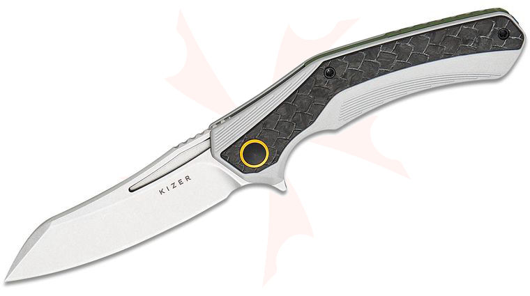 Kizer Cutlery Mikey Carlson Draca Liner Lock Flipper Knife 3.42 inch S45VN Stonewashed Sheepsfoot Blade, Gray Aluminum Handles with Machined Carbon Fiber Inlays