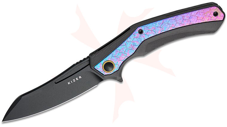Kizer Cutlery Mikey Carlson Draca Liner Lock Flipper Knife 3.42 inch S45VN Black PVD Sheepsfoot Blade, Black Aluminum Handles with Machined Crystallized Titanium Inlays
