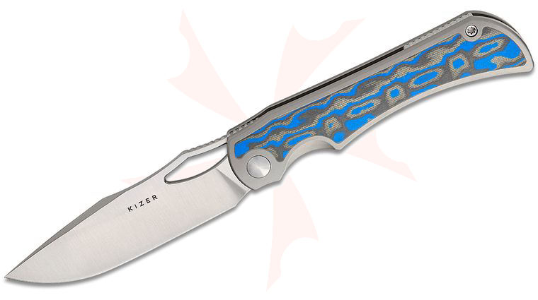 Kizer Cutlery Johan Jordaan Allure Liner Lock Front Flipper Knife 3.52 inch S45VN Satin Drop Point Blade, Silver Titanium Handles with Blue Vortex Micarta Inlays
