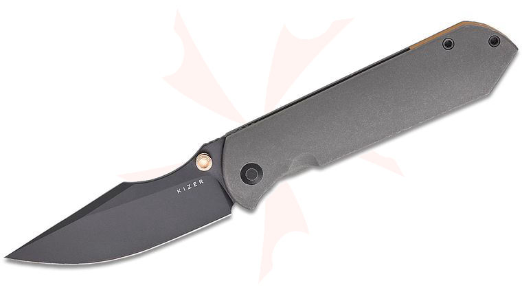 Kizer Cutlery Maverick Customs Harpoon Fold Frame Lock Front Flipper Knife 3.4 inch Elmax Matte Black DLC Ultra Harpoon Blade, Contoured Titanium Handles