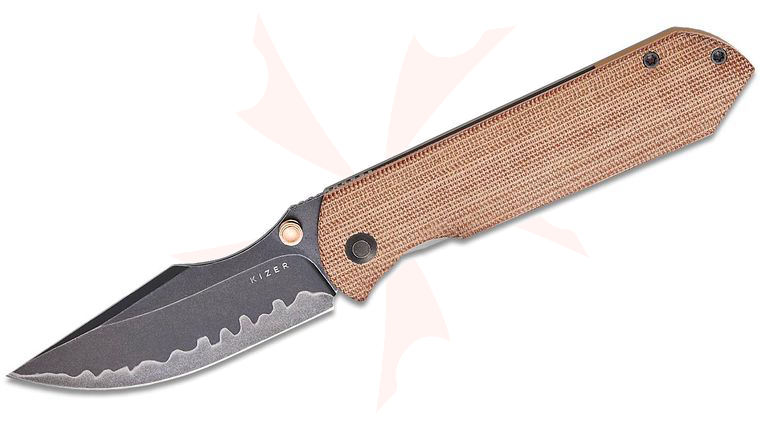 Kizer Cutlery Maverick Customs Harpoon Fold Frame Lock Front Flipper Knife 3.4 inch 3-Layer Composite Acid Washed Harpoon Blade, Contoured Gray & Brown Norplex UltreX Micarta and Titanium Handles