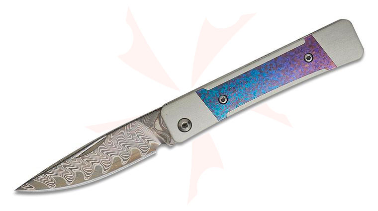 Kizer Cutlery Jonathan Styles Little Grand Slipjoint Folding Knife 2.52 inch Rainbow Damascus Drop Point Blade, Aluminum Handles with Crystallized Titanium Inlays
