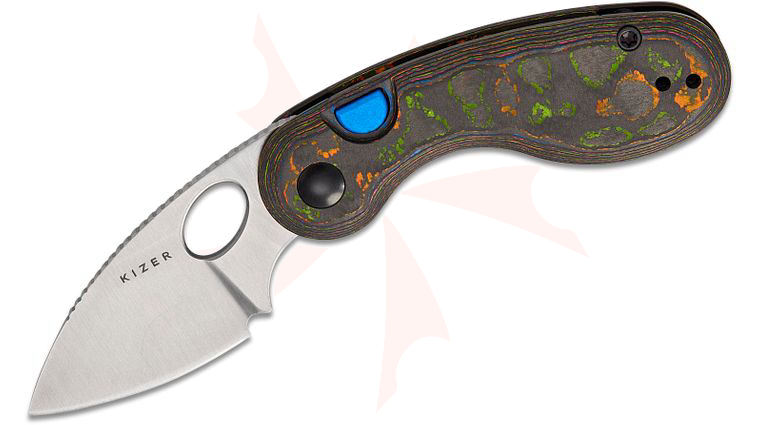 Kizer Cutlery Microbe Button Liner Lock Folding Knife 2.19 inch M390 Satin Drop Point Blade with Thumb Hole, 80s CamoCarbon Handles, Reversible Deep Carry Clip