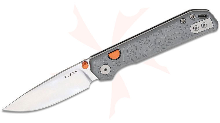 Kizer Cutlery Begleiter 2.9 Button Liner Lock Folding Knife 2.97 inch S35VN Satin Drop Point Blade, Gray Machined Aluminum Handles, Reversible Clip