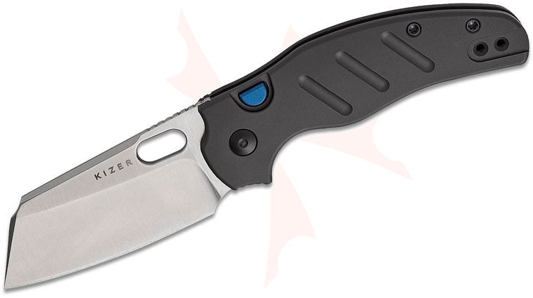 Kizer Cutlery Sheepdog Knives Chris Conaway C01C 2.9 BS Button Liner Lock Folding Knife 2.95 inch Elmax Satin Sheepsfoot Blade with Thumb Hole, Gunmetal Gray Aluminum Handles, Reversible Clip