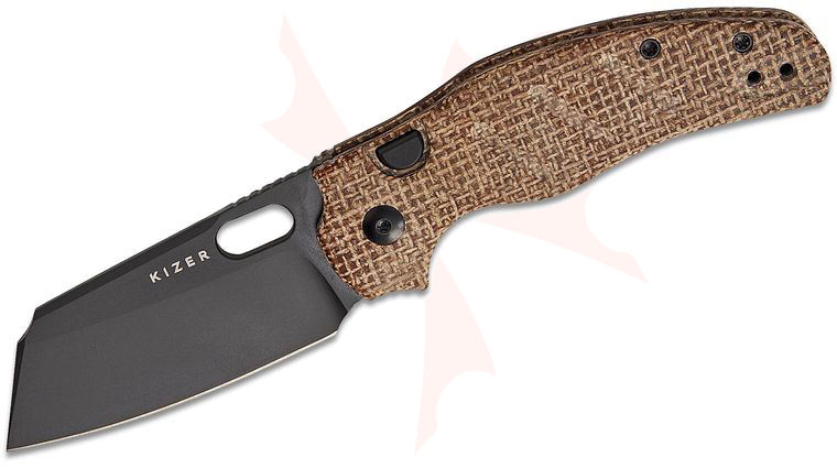 Kizer Cutlery Sheepdog Knives Chris Conaway C01C 2.9 BS Button Liner Lock Folding Knife 2.95 inch Elmax Black DLC-Ultra Sheepsfoot Blade with Thumb Hole, Brown Norplex UltreX Micarta Handles, Reversible Clip