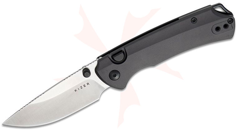 Kizer Cutlery Ulrich Hennicke Task I (T1) BD Button Liner Lock Folding Knife 3.2 inch Elmax Satin Drop Point Blade, Contoured Gray Aluminum Handles, Reversible Deep Carry Clip