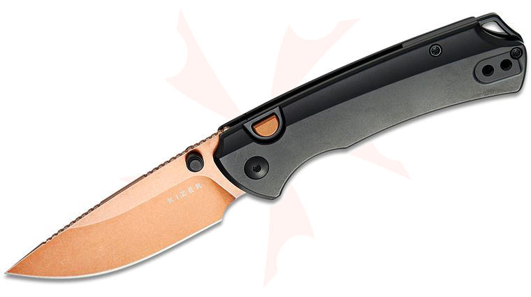 Kizer Cutlery Ulrich Hennicke Task I (T1) BD Button Liner Lock Folding Knife 3.2 inch Elmax Sunset Metal PVD Stonewashed Drop Point Blade, Contoured Black Titanium Handles, Reversible Deep Carry Clip