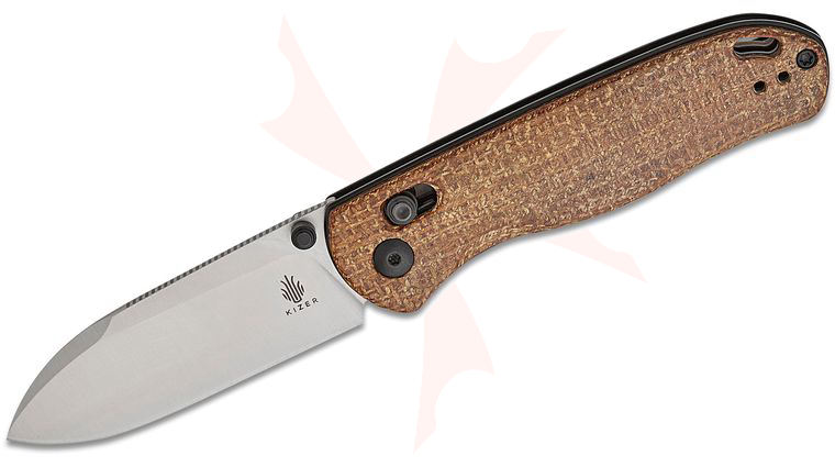 Kizer Cutlery Azo Drop Bear Clutch Lock Folding Knife 2.99 inch S90V Satin Drop Point Blade, Polished Brown Burlap Micarta Handles - KnifeCenter Exclusive