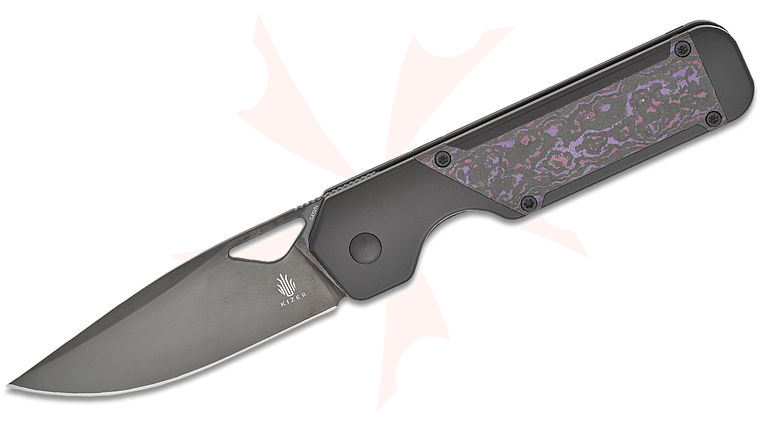 Kizer Cutlery Jonathan Styles Militaw Frame Lock Front Flipper Knife 3.35 inch S45VN Polished Black DLC Drop Point Blade, Contoured Black Titanium Handles with Purple Haze FatCarbon Inlays