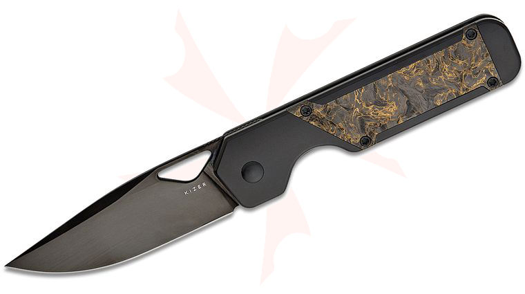 Kizer Cutlery Jonathan Styles Militaw Frame Lock Front Flipper Knife 3.35 inch S45VN Black Drop Point Blade, Contoured Black Titanium Handles with Dark Matter Gold FatCarbon Inlays
