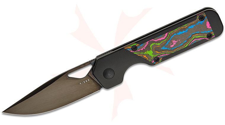 Kizer Cutlery Jonathan Styles Mini Militaw Frame Lock Front Flipper Knife 2.82 inch M390 Black Drop Point Blade, Contoured Black Titanium Handles with 80's CamoCarbon Inlays